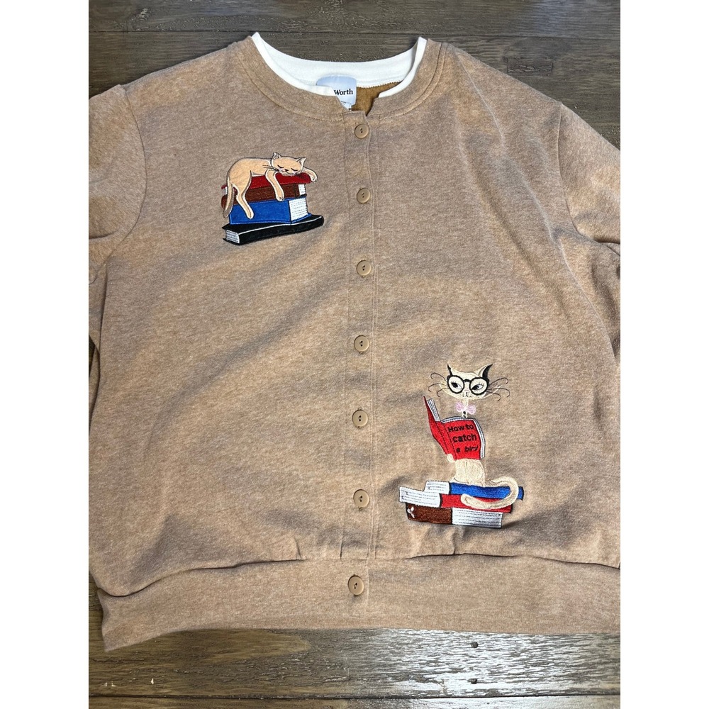 Bon Worth Tan Embroidered Cat Book Cardigan Sweatshirt Petite Large LP 44871